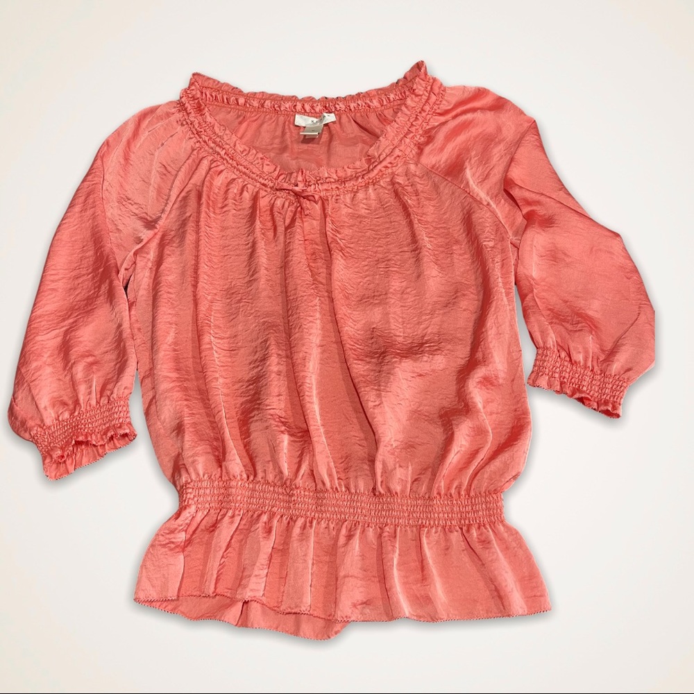 Kenar 3/4 Sleeve shiny ruched waist peplum coral blouse sz M